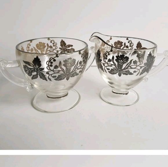 Kitchen Creamer And Sugar Set Glass With Silver Inlay Etching Vintage